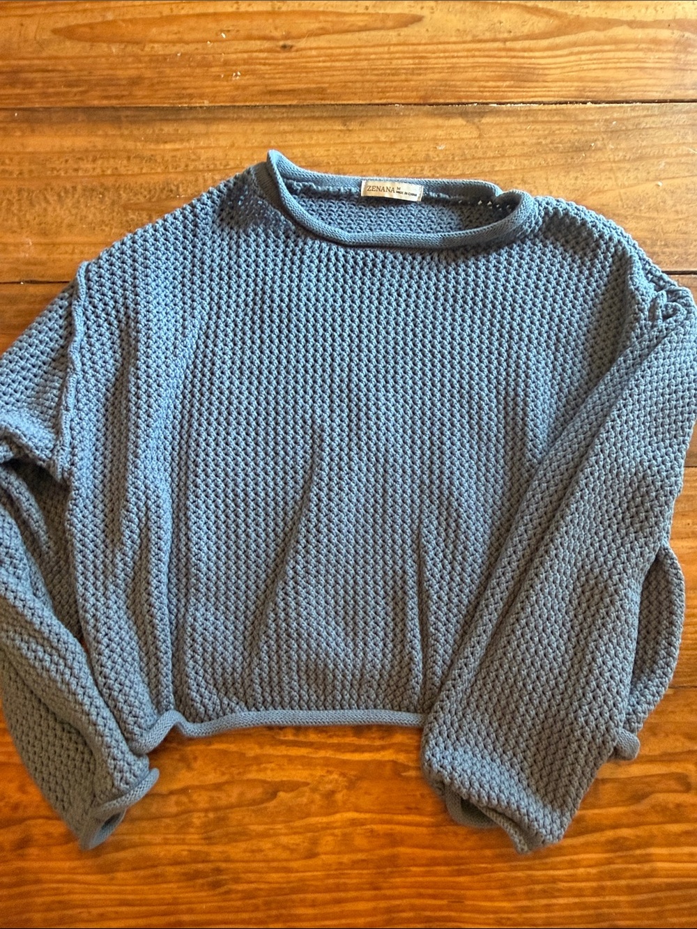 Zenana Outfitters Dusty Blue Textured Crewneck Sweater